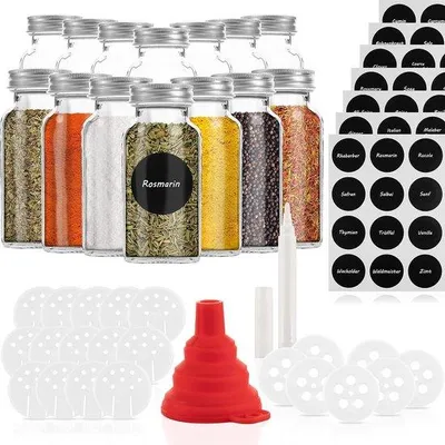 Produktbild von Famanu Gewürzgläser 170 ml mit 21 Streuaufsätzen - Wiederverwendbare Gläser mit luftdichten Deckeln