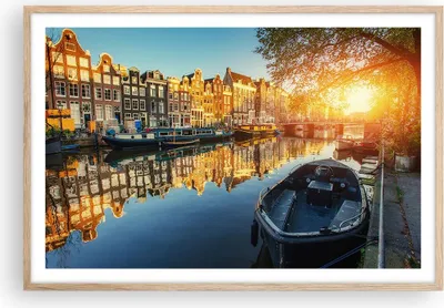 Produktbild von Gerahmtes Poster - Rahmen in heller Eiche - Kanal Boot Amsterdam Wasser - 91,5x61 cm - Wand Bild - Wanddeko - Wandbilder - Wandposter - Bilderrahmen - Bilder - Kunstdruck - Wandbild - P2NAA91x61-2857