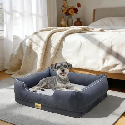 Immagine prodotto di WISFOR Lettino per cani, divanetto per cani, cuscino per cani, bordi rialzati, rivestimento impermeabile e lavabile, sfoderabile, M: 77x63x18 cm, grigio