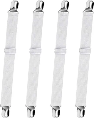 Produktbild von Verstellbarer Spannbettlakenspanner (65 cm bis 200 cm), verstellbarer Haltegurtverschluss für Bettlaken, Sofa, Bügelbrettbezug (weiß, 4er-Pack)