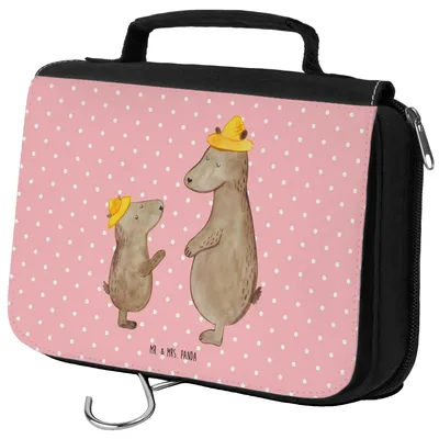 Produktbild von Mr. & Mrs. Panda Kulturtasche Bären mit Hut - Rot Pastell - Geschenk, Vatertag, Papa, Schminktasche, Kulturbeutel, beautycase, Muttertag, Family, beauty case