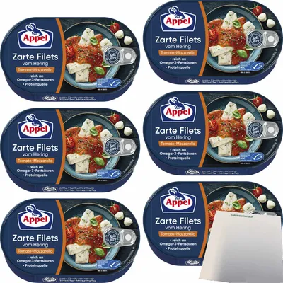 Produktbild von Appel Zarte Filets vom Hering Tomate-Mozarella 6er Pack (6x200g Dose) + usy Block