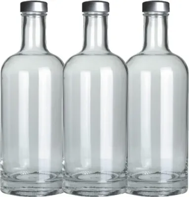 Produktbild von BELLEROFONTE Transparent Glasflasche Modell VAND für Wasser 750 ml mit silbernem Verschluss, 3 Stücke