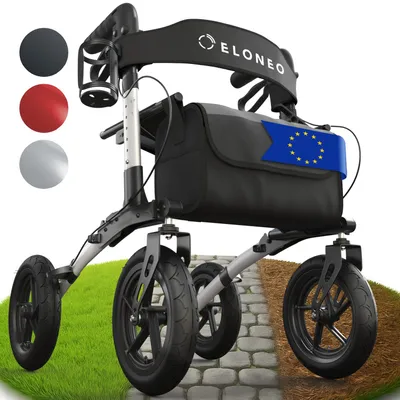 Immagine prodotto di ELONEO Rollator pieghevole con sedile, rollator per esterni con pneumatici, incl. sedile, cinghia posteriore, ausilio per la deambulazione regolabile in altezza in alluminio