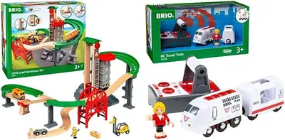 Produktbild von World 33887 Großes Lagerhaus-Set mit Aufzug - Zubehör für die Holzeisenbahn & World 33510 IR Express Reisezug - Elektrische Lokomotive mit Fernsteuerung - Zubehör für die World