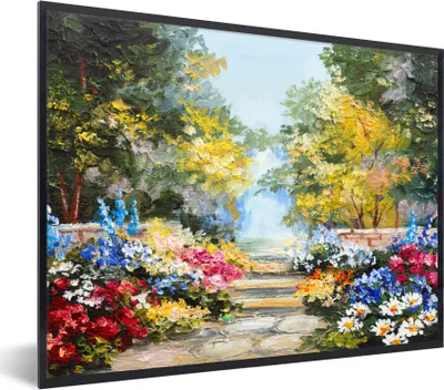 Produktbild von MuchoWow® Gerahmtes Poster Malerei - Blumen - Natur - Ölfarbe 80x60 cm - Poster mit Schwarzem Bilderrahmen Wandposter Rahmen Foto Bilder - Schwarzem - Mit Gestell