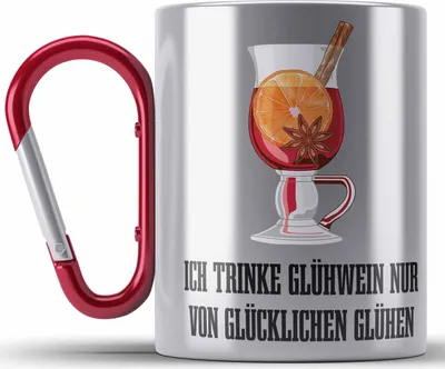 Produktbild von Trendation - Glühwein Edelstahl Tasse Karabiner Lustig Spruch Glühweinbecher mit Henkel Doppelwandig GlühweinEdelstahl Tasse Karabinern Gläser Weihnachtsmarkt Becher Edelstahl Tasse Karabinern Geschenk - Von Glücklichen Glühen (Rot)