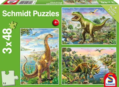 Produktbild von 3 x 48 Teile Schmidt Spiele Kinder Puzzle Abenteuer mit den Dinosauriern 56202
