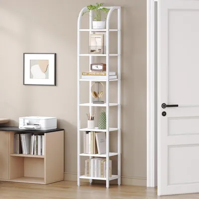 Produktbild von Schmales Bücherregal 7 Ebenen 30 x 33,6 x 208,5 cm Weiß Metallrahmen Standregal Industriestil Büroregal