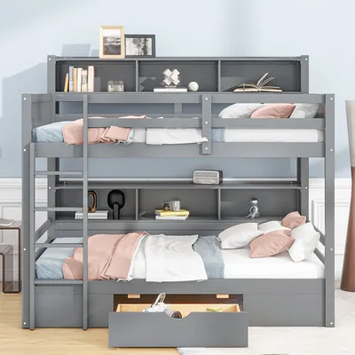 Obrázek produktu pro STILVORA, dvoulůžko 90x200 cm s zásuvkami pod postelí, dětská postel se úložným prostorem a žebříkem, postel pro mládež z dřeva s bezpečnostní zábranou, bez matrace, šedá barva