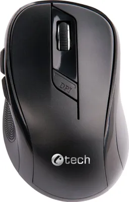 A black wireless computer mouse is shown from a top-down perspective against a white background.