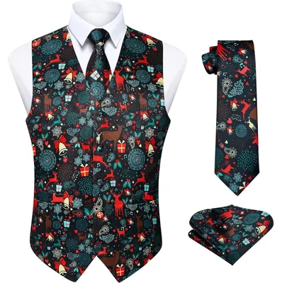Productafbeelding van Herenvest voor Kerstmis, feestelijk, met een V-hals, van satijn, zwart, maat 4XL