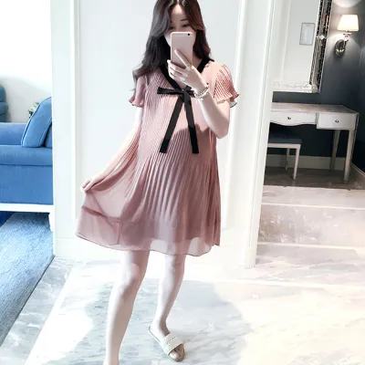 Produktbild von Damen-Kleid, lockeres Plissee-Kleid, weich, atmungsaktiv, elegante Schleife, Umstandsmode, für den Alltag, zum Einkaufen, Rosa, L