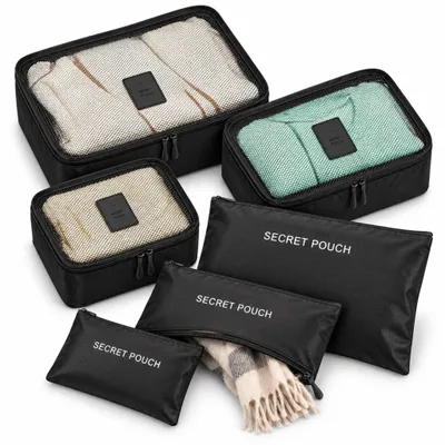 Produktbild von Koffer Organizer 6-teilig – Packing Cubes Set, Packwürfel mit Netzoberseite & Reißverschlusstaschen für Reise & Urlaub – Schwarz