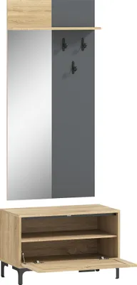 Produktbild von Garderobenset für Eingangsbereich, Schuhbank, Spiegel, 3 Haken, Offenes Regal, Flurmöbel, Naturholz+Grau