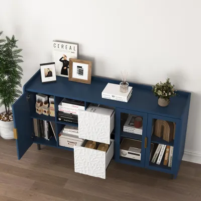 Image de okwish Meuble de salon avec 2 tiroirs et 2 compartiments ouverts, buffet avec 2 portes vitrées – bleu