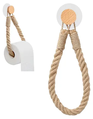 Produktbild von Toilettenpapier- und Handtuchhalter aus Seil, kein Bohren erforderlich. Vintage-Toilettenpapierhalter aus Jute mit selbstklebendem Seil fürs Badezimmer. Badezimmerdekoration.