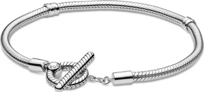 A silver Pandora Moments T-Verschluss Schlangen-Gliederarmband is displayed on a white background.