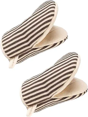 Image de Unyqoos® : Lot de 2 gants de cuisine courts, résistants à la chaleur, rayés marron, 18,5 x 14 cm, en tissu résistant à la chaleur avec boucle de suspension – pour four, barbecue et grill