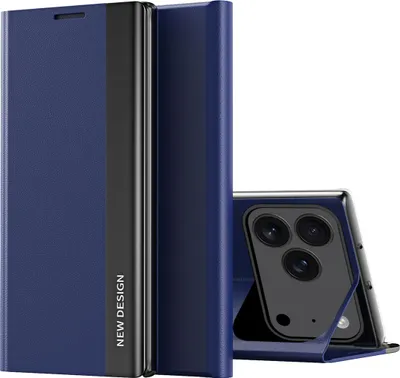 A dark blue flip case for a smartphone is shown standing open, revealing the phone's camera array. The case has a textured finish and a contrasting black vertical stripe.