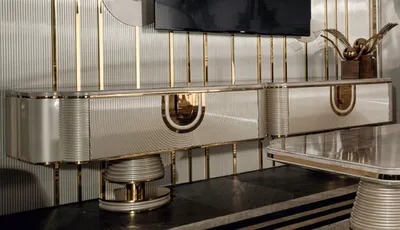 Produktbild von Casa Padrino Luxus TV Schrank Grau / Gold 250 x 52 x H. 50 cm - Massivholz Sideboard mit edler Kunstmarmor Platte - Wohnzimmer Möbel - Luxus Möbel - Luxus Einrichtung