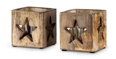Produktbild von 2er Set Windlicht Stern 9cm Mangoholz Teelicht Glaseinsatz Teelichthalter Kerze