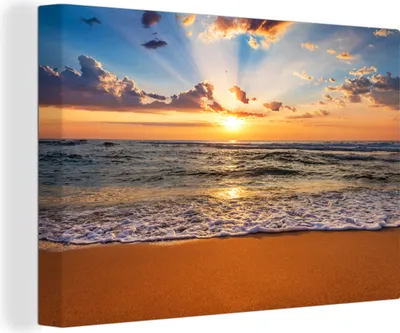 Produktbild von OneMillionCanvasses® - Leinwandbilder - 150x100 cm, Strand - Sonnenuntergang - Meer - Wolken - Horizont, Wandbilder Kunstdruck Wanddekoration - Foto auf Leinwand - Gemälde auf