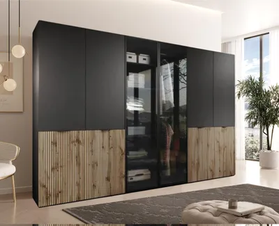 Produktbild von MOEBLO Drehtürenschrank Minewra Antisol 300 cm, Falttürenschrank 6-türig, Schrank mit Einlegeböden und Kleiderstange, Schlafzimmer - Schwarz + Sento