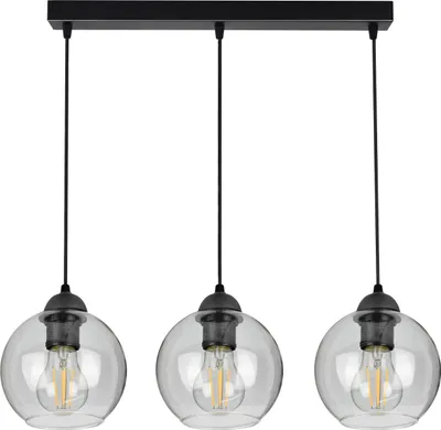 A black pendant light fixture with three clear glass globes, each containing an Edison-style LED bulb, is shown against a white background.