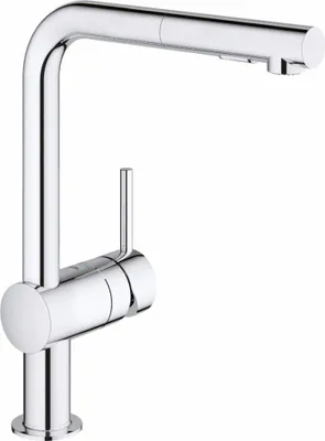 A studio shot of a chrome kitchen faucet.