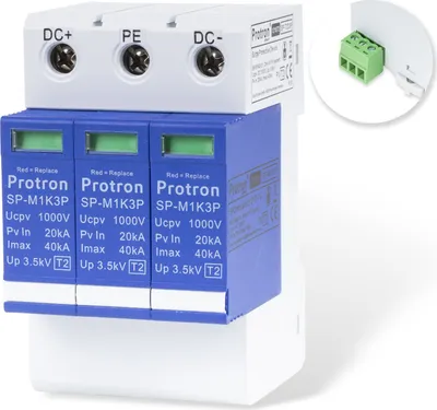 Produktbild von Protron DC Überspannungsschutz 1000V SPD Überspannungsableiter Blitzschutz T2 für Solar PV Photovoltaikanlagen - SP-T2D3P 3-polig mit Wechselkontakt, 0% MwSt.
