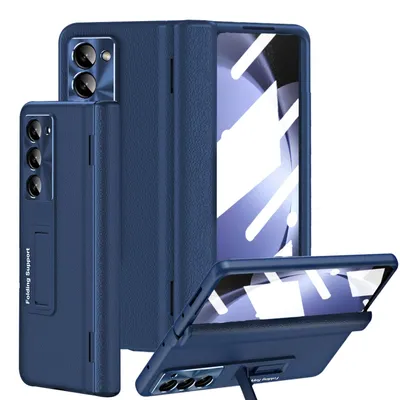 Immagine prodotto di Custodia per Samsung Galaxy Z Fold 6 Custodia rigida in pelle con protezione dello schermo, protezione dell'obiettivo, supporto blu