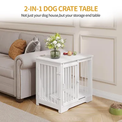 Productafbeelding van Hondenbench Houten Hondenkooi - Wit 2 Deuren - 69 cm - Spaanplaat En Metaal - Voor Kleine Honden - Hondenbench Meubel