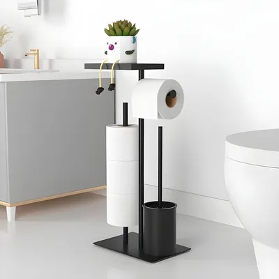 Produktbild von PolkaHome® Edelstahl Toiletpapierhalter mit WC-Bürste und Ablage, Stand-WC-Garnitur, 63 x 57 x 25 cm, Schwarz