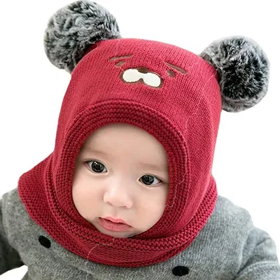 Produktbild von Baby schlupfmütze Warm Niedlich Bär Wintermütze Schalmütze Strickmütze mit Bommel Fleecefutter Beanie Mütze