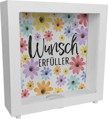 Produktbild von Blumen Rahmen Spardose aus Holz mit Spruch Wunscherfüller
