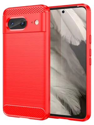 A red phone case is shown with a phone inside.