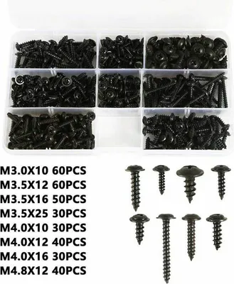 Produktbild von 340 Stück schwarze selbstbohrende Blechschrauben, selbstschneidende Schrauben aus Edelstahl und Kohlenstoffstahl, Flachkopf-Holzbefestigungsset, Kreuzkopfgröße: M3,0–M4,8