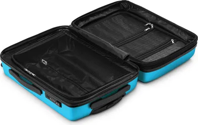 An open, empty cyan suitcase with black interior compartments, shown from a slightly elevated angle.