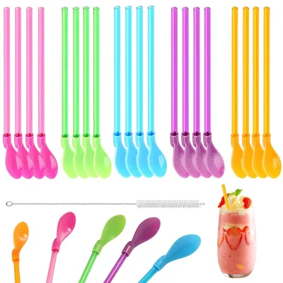 20 Slush-Strohhalme mit Löffel, 2-in-1, inkl. Bürste, 23 cm