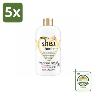 Imagen del producto de 5 unidades de gel limpiador y ducha Treaclemoon, fórmula cremosa con manteca de karité y aroma "Butterfly", envase de 500 ml. Paquete ahorro