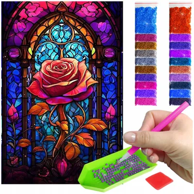 Produktbild von ARTULIO - Diamond Painting Set - Rose im Glasfenster Stil - 60 x 40 cm - Groß XXL - Home Wand Deko, Komplettset Mosaik + Zubehör