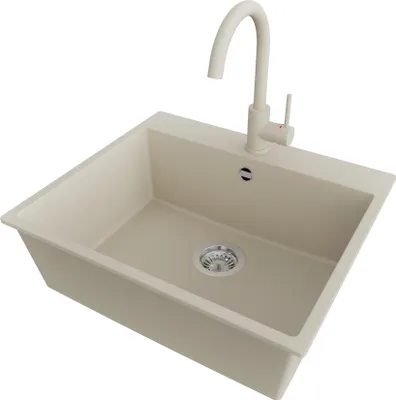 Produktbild von PRIMAGRAN Granitspüle Beige 58x50cm, Spülbecken 1 Becken + Küchenarmatur 32x20cm + Ablauf-Set, Küchenspüle ab 60er Unterschrank - Riga