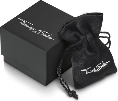 A black gift box with a black pouch next to it, both featuring the 'Thomas Sabo' logo.