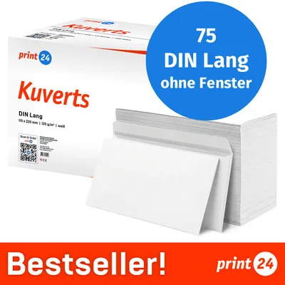 Produktbild von : print24 Briefumschläge ohne Fenster, DIN Lang, unbedruckt, 75 Stück