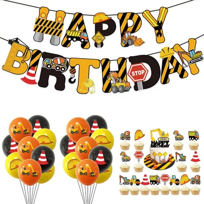 Produktbild von Bagger- & Baustellen-Geburtstagsdeko für Kinder – Komplettes Partyset mit Banner, Kuchensteckern & 18 Luftballons in Gelb/Orange/Schwarz