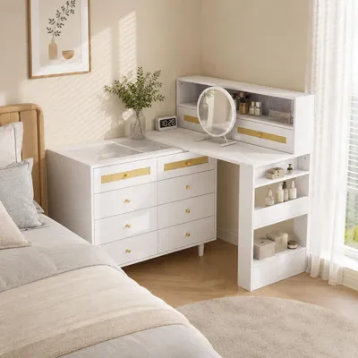 Imagen del producto de Mesa de maquillaje 3 en 1 con espejo y 10 cajones, mesa de cosméticos con superficie extensible, placa de vidrio templado, cómoda, color blanco, Imagen generada por IA