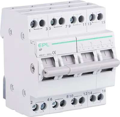 A white electrical circuit breaker with multiple switches and connection terminals.