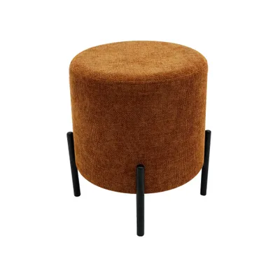 A round, orange ottoman with black legs on a white background.