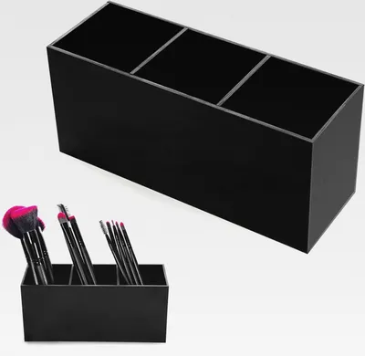 Produktbild von Kosmetik Organizer, Schminkpinsel Behälter, Kosmetik Pinselhalter mit 3 Fächer, Acryl Schminkpinsel Behälter Kosmetikpinsel für Pinsel Eyeliner Lippenstift Bürsten(Schwarz)